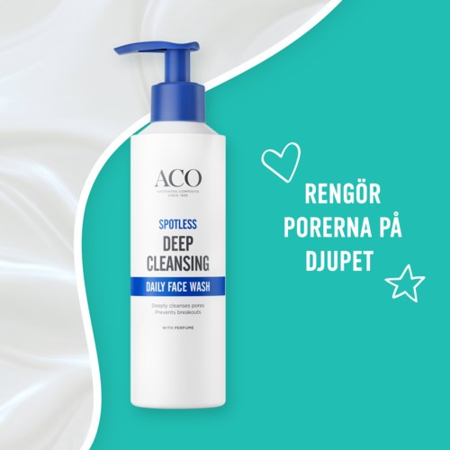 A white bottle with a blue pump for deep face cleansing, labeled as spotlessly deep cleansing daily face wash, against a teal background.
