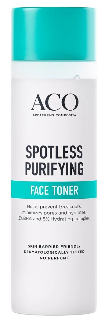 En vit flaska med lock i teal färg märkt ACO Spotless Purifying Face Toner, förebygger finnar och återfuktar huden.
