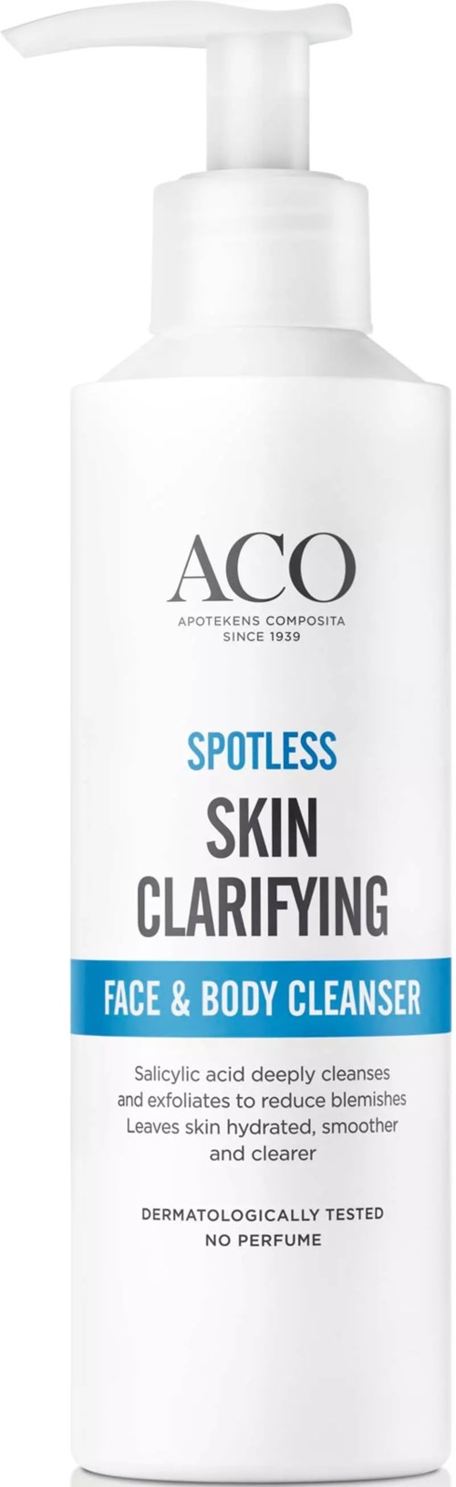 En vit flaska med pump, märkt med 'ACO Spotless Skin Clarifying Face & Body Cleanser,' påstår sig minska blemjoyer.