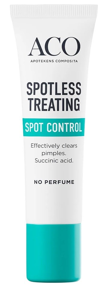 A white tube with black and blue text, labeled ACO spot treatment for pimples, no perfume.