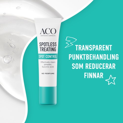 A tube of ACO Spotless Treating gel against a turquoise background with Swedish text and small graphics.