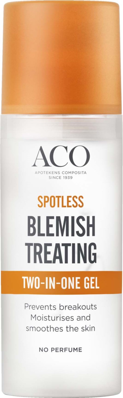 En vit och orange flaska med Blemish Treating Gel, avsedd för punktvård, förhindrar börs och gör huden slät.