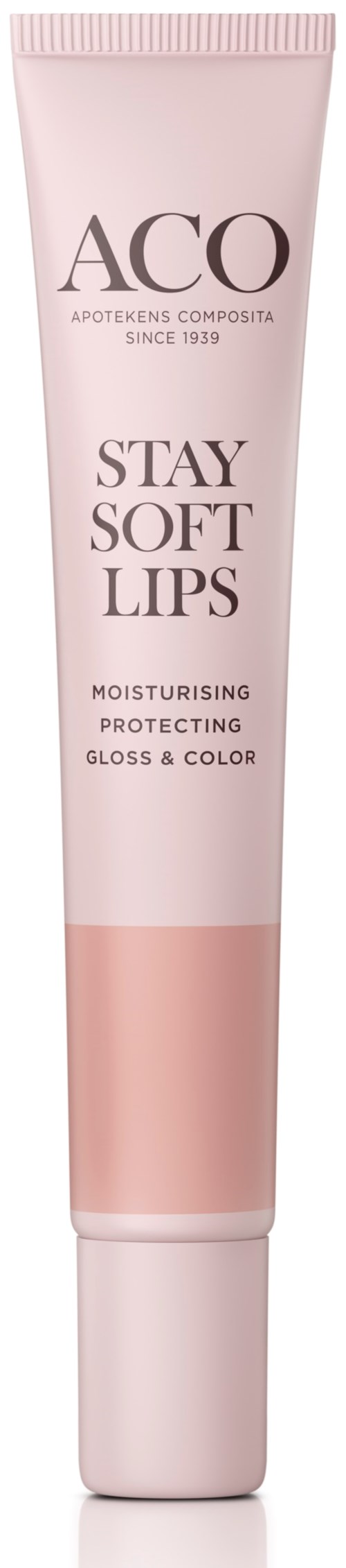 A tube of lip gloss labeled "ACO Stay Soft Lips" for moisturizing and protecting lips.