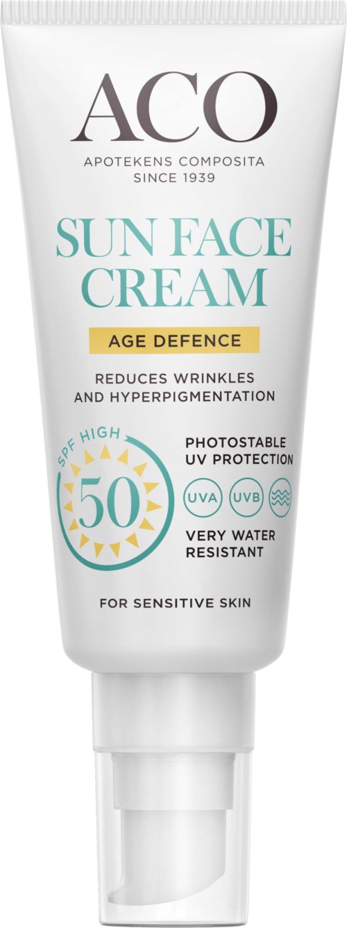 A white tube of ACO sun face cream with SPF 50 for sensitive skin, showing benefits like wrinkle reduction and water resistance.
