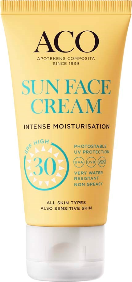 En gul tub med ACO Sun Face Cream med SPF 30 för alla hudtyper och känslig hud.