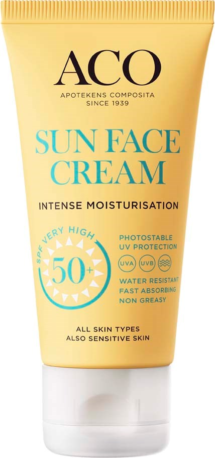 Gul tub med solskyddscreme med SPF 50+, skyddar mot UV och vatten, för alla hudtyper.