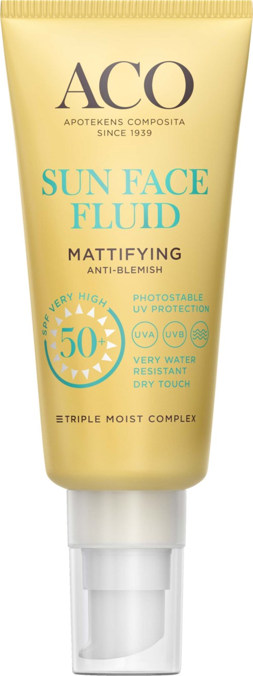 En gul tub med solskyddsprodukt för ansiktet med SPF 50, matt finish och anti-blemish. Ger UV-skydd och är vattentålig.