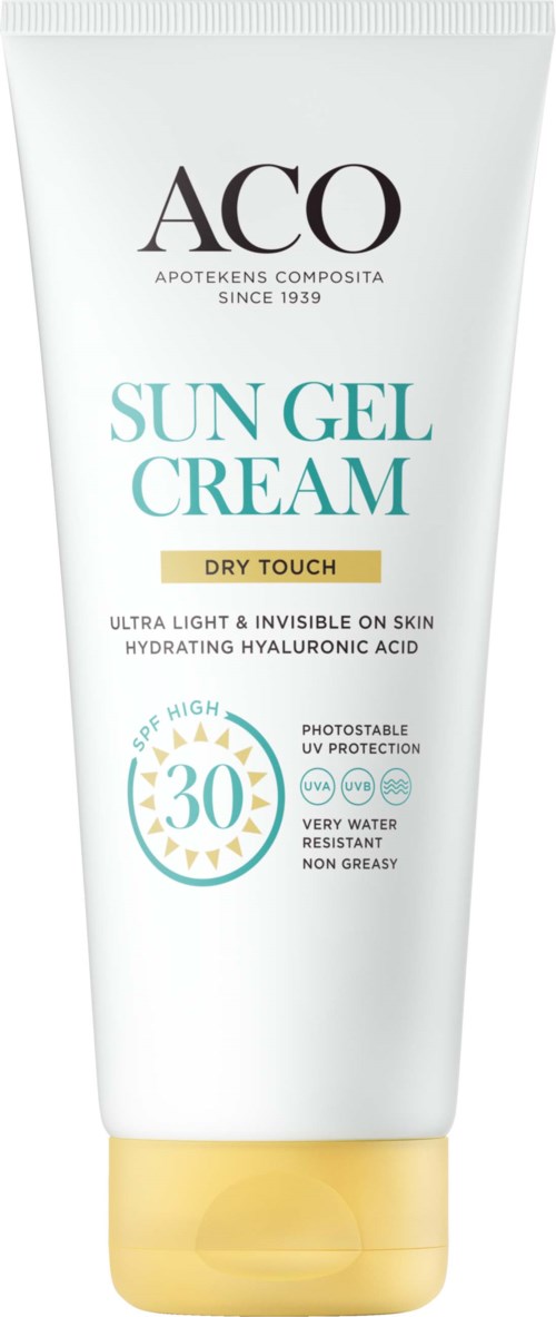 En vit tub med solgelkräm med gul kork, SPF 30, för solskydd och återfuktning.