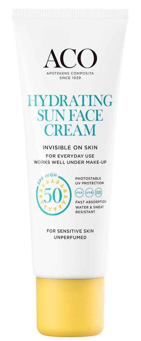 A white tube of face cream with yellow cap, labeled as Hydrating Sun Face Cream with SPF 50, for sensitive skin.