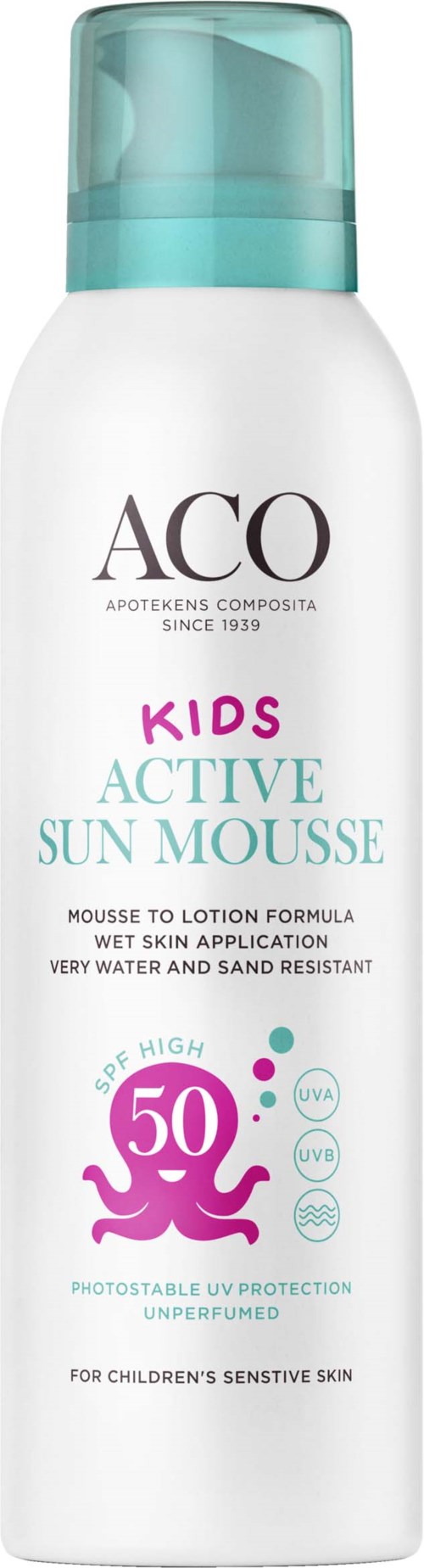 Eine weiße Sprayflasche mit blauer Kappe, für Kinder Sonnencreme, SPF 50, wasserfest, unparfümiert.