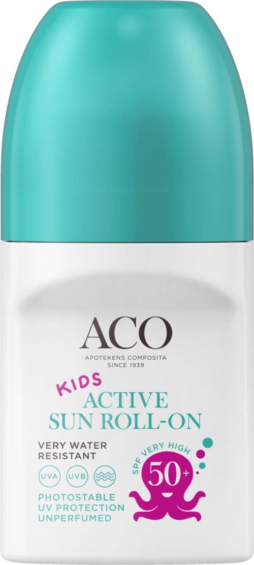 A white roll-on bottle with a teal cap. Labels say 'ACO Kids Active Sun Roll-On' with SPF 50+. Suitable for children.