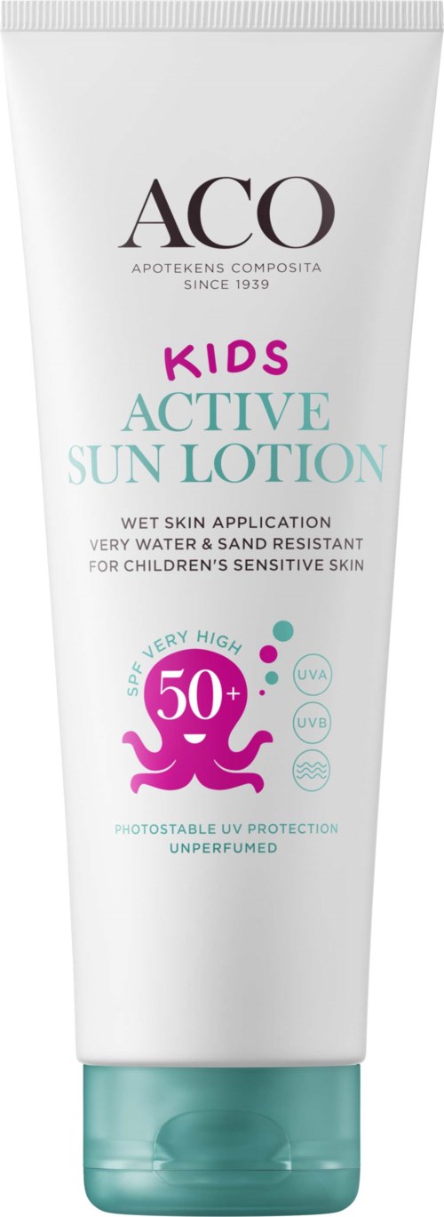 En vit tub med solkräm för barn med rosa och grönt märke, visar SPF 50+ skydd för känslig hud.
