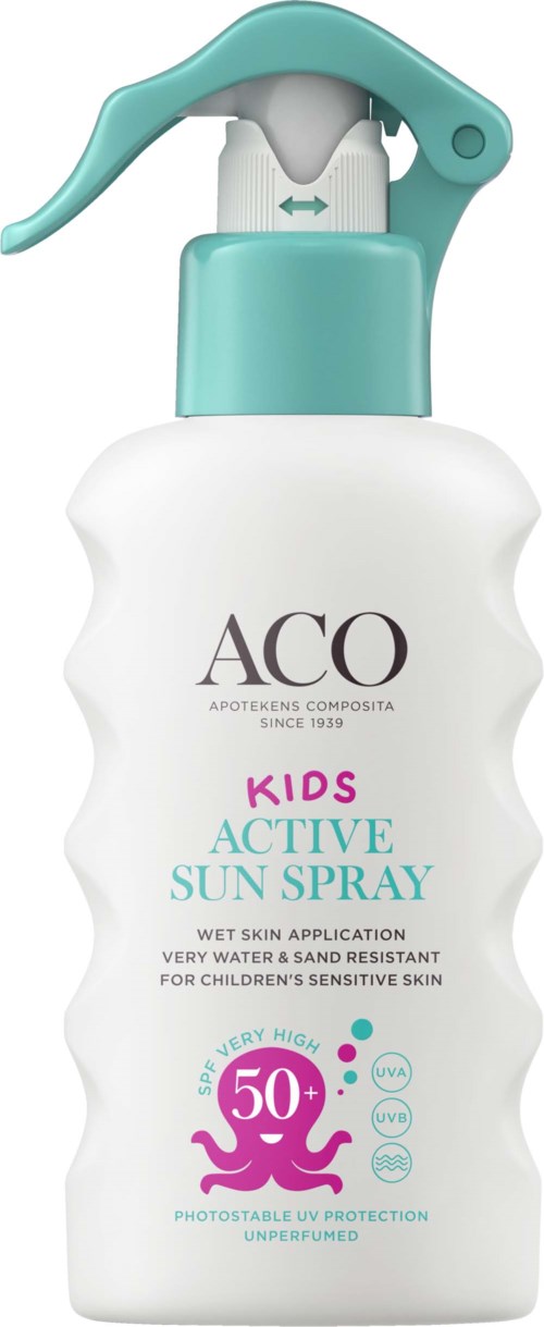 A white sunscreen spray bottle with a turquoise spray top, labeled for kids, offers SPF 50+ sun protection.