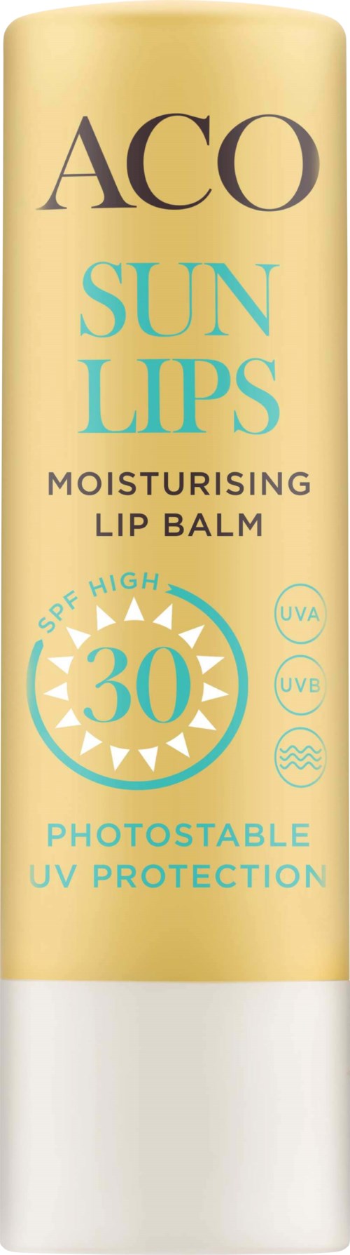 En beige tub för läppbalsam med blå och svart text, visar SPF 30 och UV-skydd.