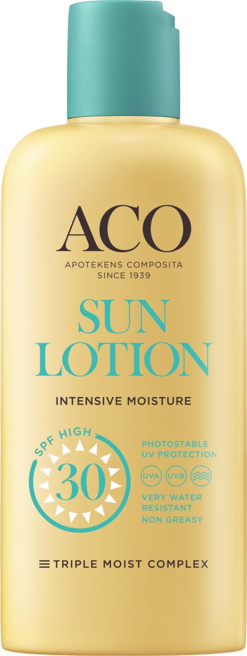A yellow and teal sun lotion bottle with SPF 30 protection and moisturizing formula.
