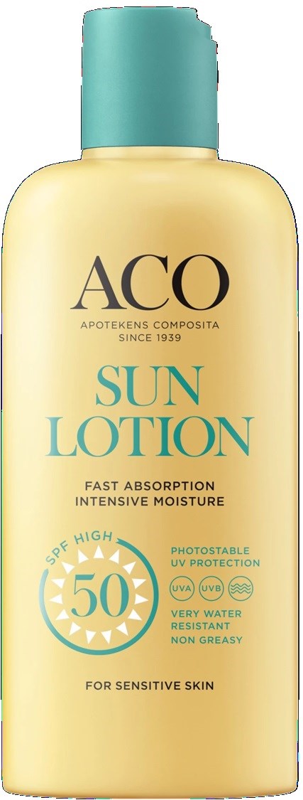 En tall gul flaska med turkos lock märkt ACO Sun Lotion med SPF 50 för känslig hud.