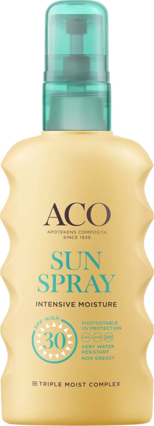 Solskyddsspray med SPF 30 i en vågig beige behållare, för intensiv fukt och strandskydd.
