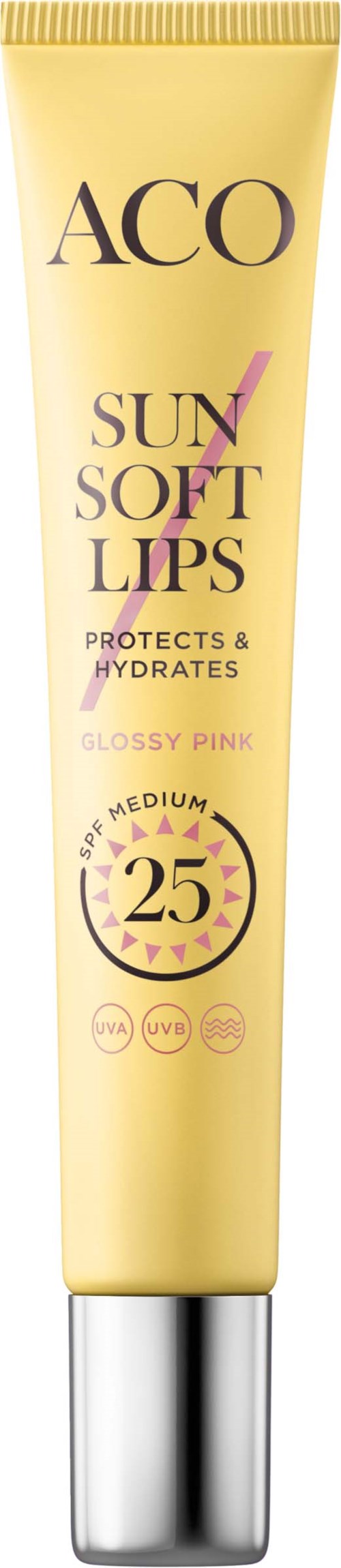 En gul tub med läppskyddsprodukt märkt 'ACO SunSoft Lips' med SPF 25, för återfuktning och skydd av läppar.