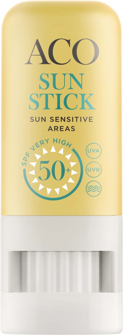 En gul solkrämstift med vit botten, märkt med SPF 50 för känslig hud och hög SPF-skydd.