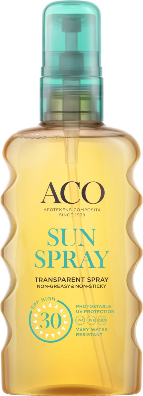 En gul sprayflaska med en blå etikett som säger 'Sun Spray,' SPF 30 och UV-skydd, avsett för huden.