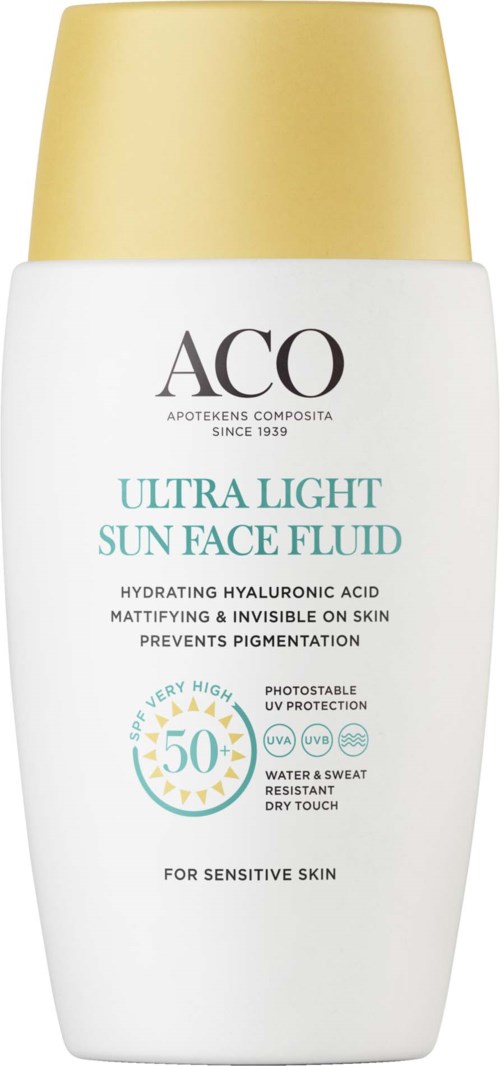 A white bottle with a yellow cap, labeled 'ACO Ultra Light Sun Face Fluid' with SPF 50, for sensitive skin.
