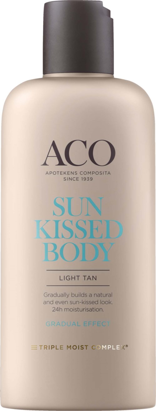 En beige flaska med svart lock, märkt 'ACO Sun Kissed Body' för lätt solning och återfuktning.