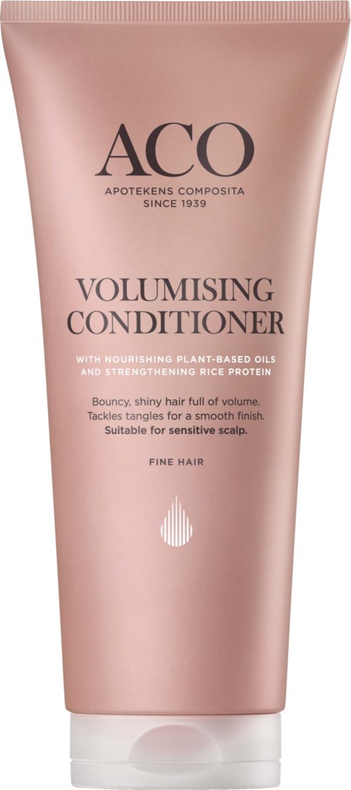 A pink tube of ACO Volumising Conditioner with description of benefits for hair care.