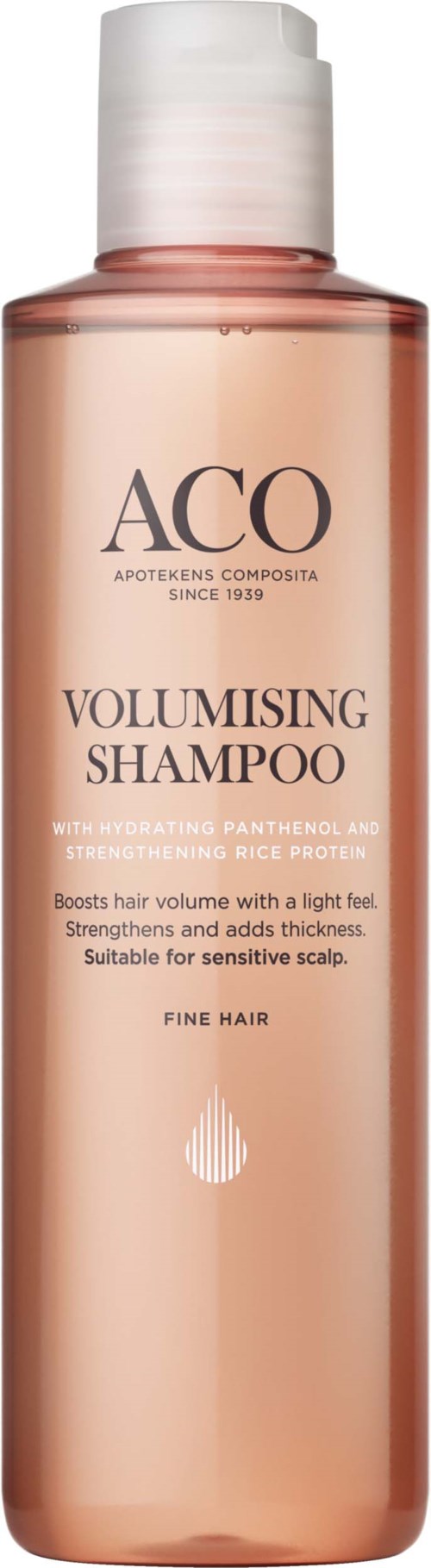 A tall, pink bottle with a white cap, labeled 'ACO Volumising Shampoo' for fine hair.