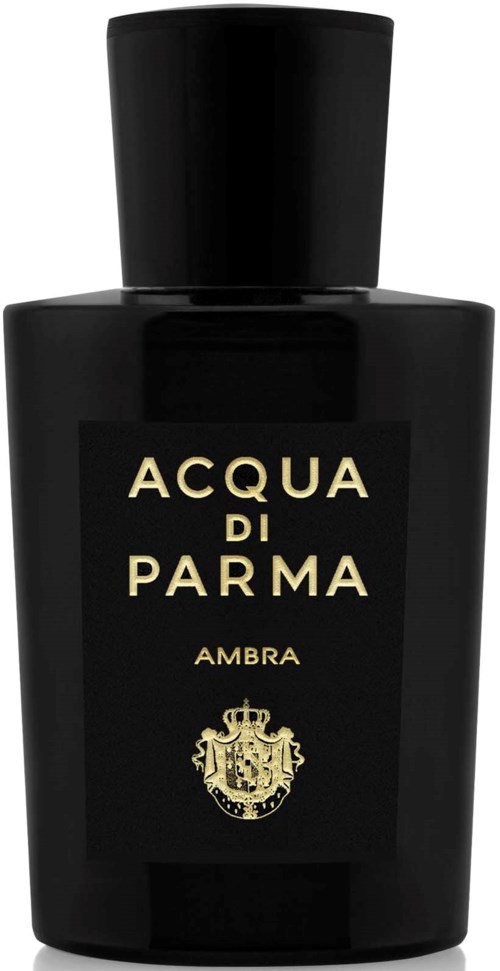 A black perfume bottle with gold text and a crest, labeled 'Acqua di Parma Ambra.'