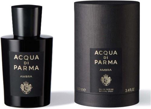 A perfume bottle and its round container, both black with gold text, labeled Acqua di Parma Ambra.