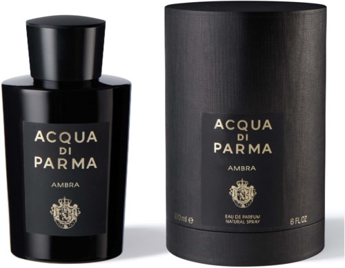 Musta tuoksupullo ja vastaava rullat due, nimeltä 'Acqua di Parma Ambra.'