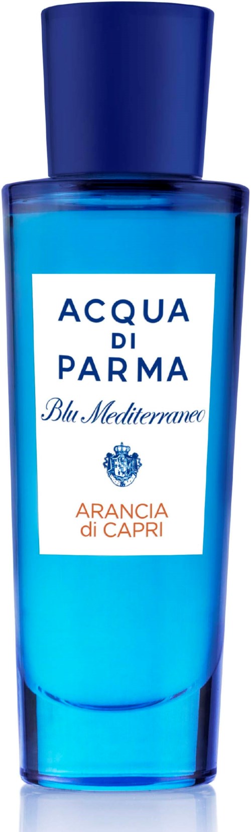 Blaue Flasche mit Acqua di Parma Duft, beschriftet 'Blu Mediterraneo Arancia di Capri'.