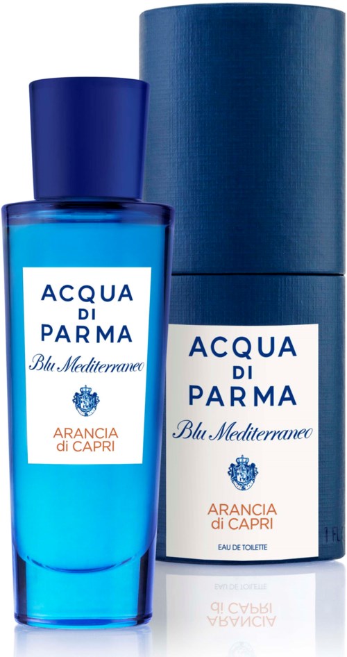 Blauer Parfümflasche mit passender Zylinderbox, beschriftet 'Acqua di Parma Blu Mediterraneo Arancia di Capri.'