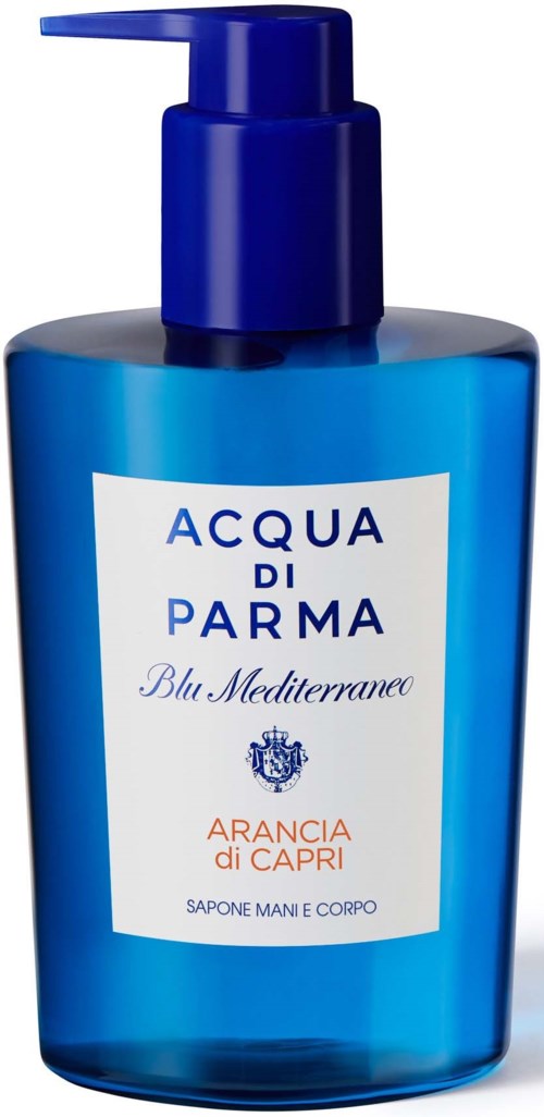 Blue bottle with pump. Label says Acqua di Parma, Blu Mediterraneo, Arancia di Capri. Hand and body soap.