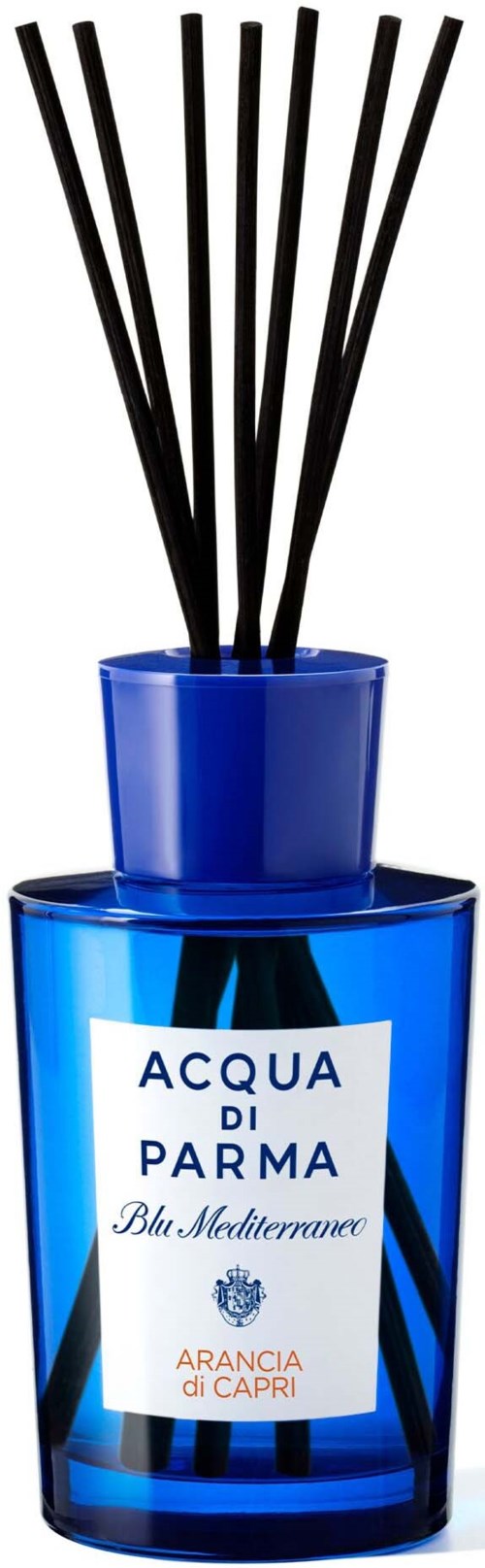 A blue bottle with black sticks inside, labeled 'Acqua di Parma Blu Mediterraneo Arancia di Capri.'