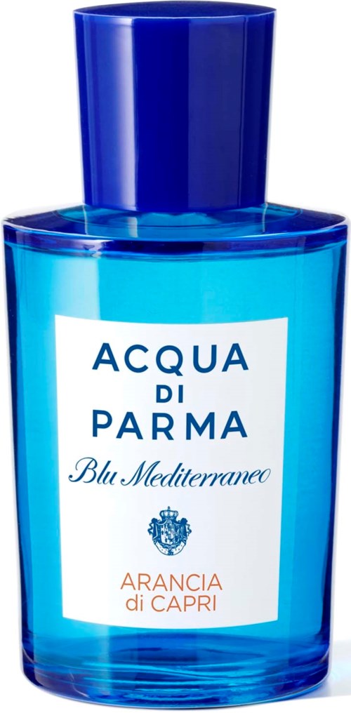 Eine blaue Parfümflasche mit dunklem blauen Deckel, beschriftet "Acqua di Parma Blu Mediterraneo Arancia di Capri."