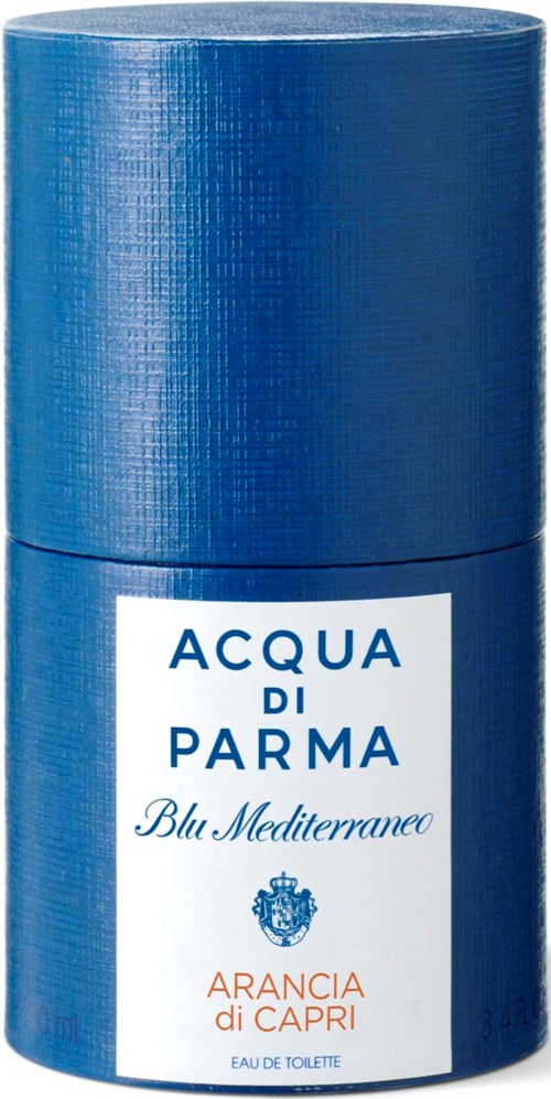 Eine blaue zylindrische Parfümflasche mit weißem Etikett mit dem Text 'ACQUA DI PARMA Blue Mediterraneo Arancia di Capri'.