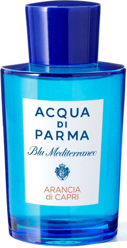 Blaue Flasche mit Aufschrift 'Acqua di Parma Blu Mediterraneo Arancia di Capri' und blauer Kappe.