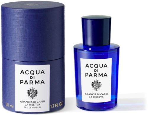 A perfume bottle and box labeled 'Acqua di Parma' with blue design and text in Italian.