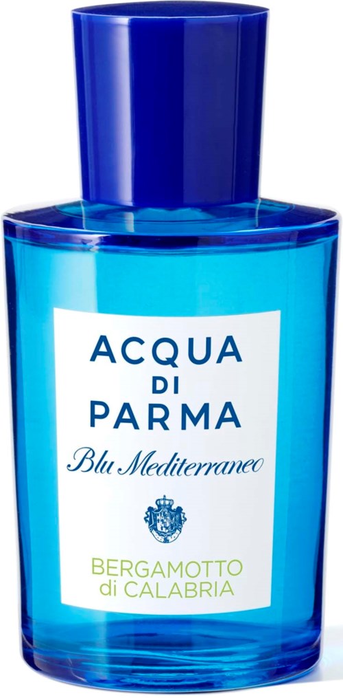 Sininen hajuvesipullo tumman sinisellä korkilla. Etiketissä lukee 'Acqua di Parma Blu Mediterraneo Bergamotto di Calabria.'