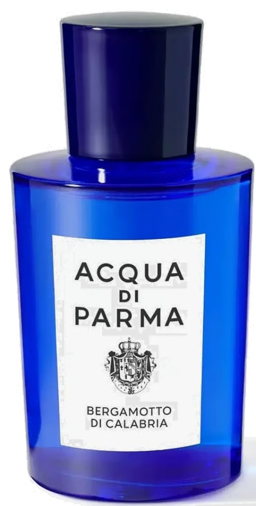 Blue perfume bottle with black cap, labelled Acqua di Parma Bergamotto di Calabria.