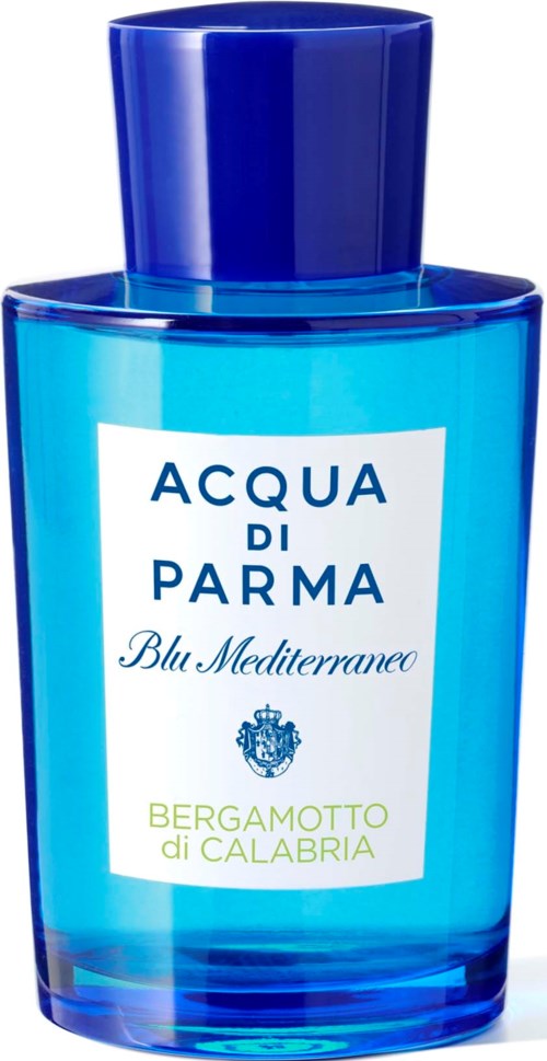Blauwe parfumfles met witte etiket en blauwe dop, gelabeld "Acqua di Parma Blu Mediterraneo Bergamotto di Calabria."