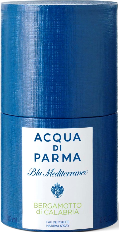 Een blauwe cilindervormige fles met een wit label, tekst over een parfum genaamd Acqua di Parma, Bergamotto di Calabria.