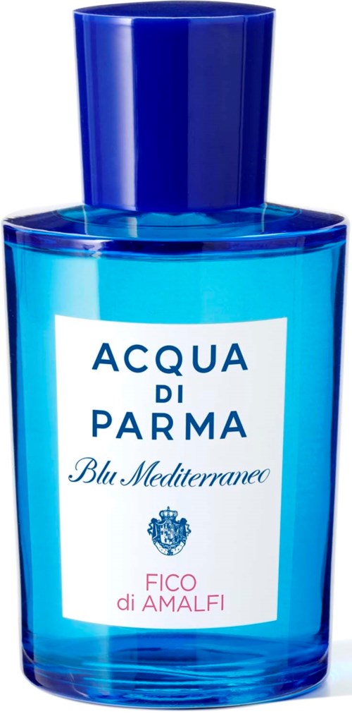 A blue perfume bottle with a dark blue cap and a white label. The label has text and a small emblem.