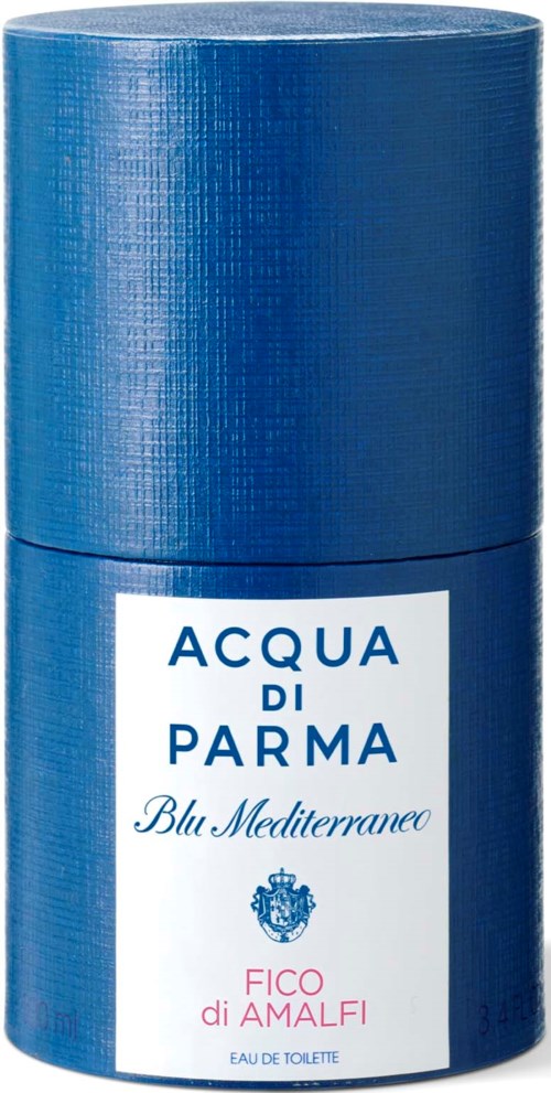 A cylindrical blue perfume bottle with a label: Acqua di Parma Blu Mediterraneo, Fico di Amalfi.