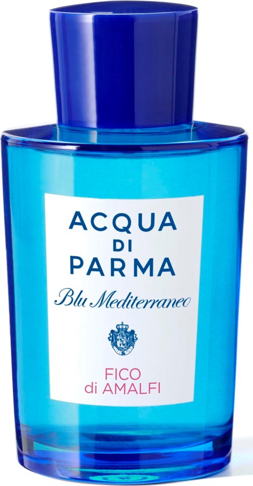Eine blaue Flasche mit dunkelblauer Kappe, Beschriftet 'ACQUA DI PARMA Blu Mediterraneo FICO di AMALFI.'