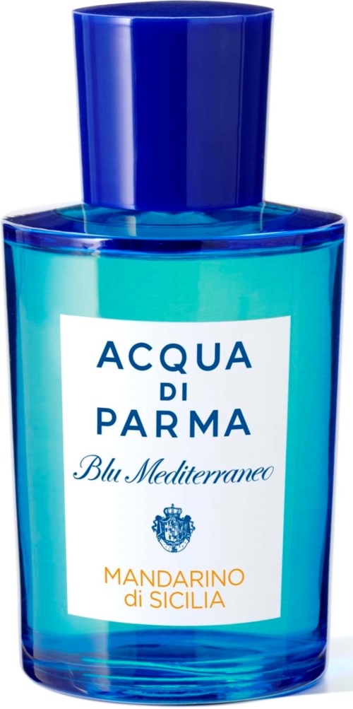 Een blauwe fles van Acqua di Parma Blu Mediterraneo Mandarino di Sicilia parfum.