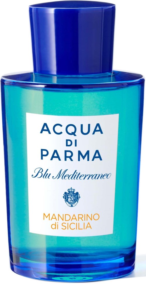 Blaues Flasche mit weißem Etikett, genannt Acqua di Parma Blu Mediterraneo Mandarino di Sicilia.