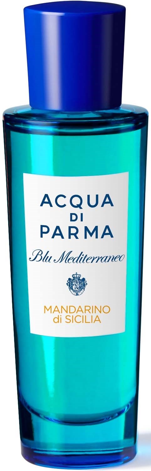 Eine blau-grüne Flasche mit einem blauen Deckel, Etikett sagt 'Acqua di Parma Blu Mediterraneo Mandarino di Sicilia.'
