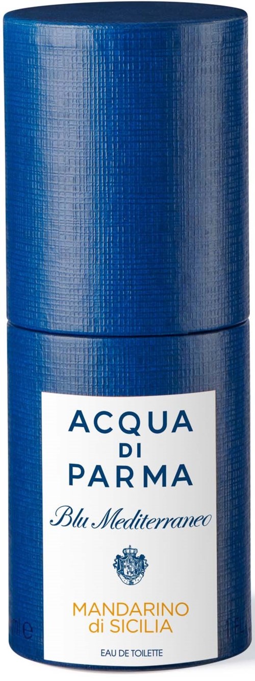 Eine blaue zylindrische Flasche mit weißem Etikett, 'ACQUA DI PARMA Blu Mediterraneo Mandarino di Sicilia'.